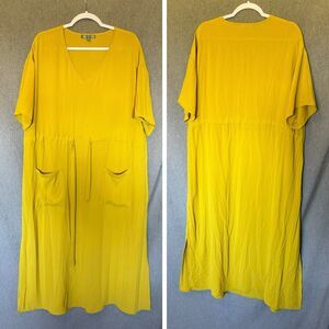 Good Luck Gem Oversized Dress Women's XL Mustard Yellow Tie Front Pockets (0726)